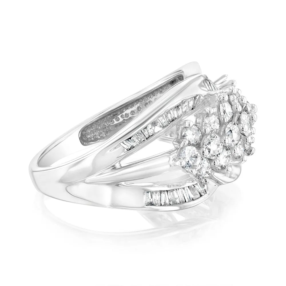 10ct White Gold 1.4 Carat Diamond Ring with Round Brilliant and Tapered Baguette Diamonds
