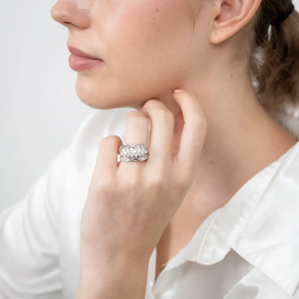 10ct White Gold 1.4 Carat Diamond Ring with Round Brilliant and Tapered Baguette Diamonds