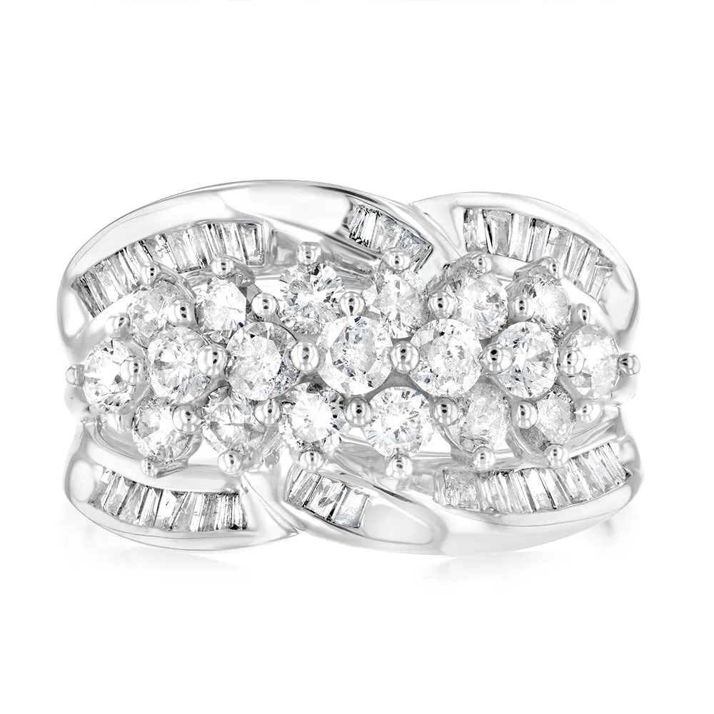 10ct White Gold 1.4 Carat Diamond Ring with Round Brilliant and Tapered Baguette Diamonds