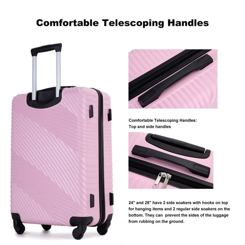 3 Piece PC ABS Suitcase Luggage Sets with Two Hooks and Spinner Wheels,Pink