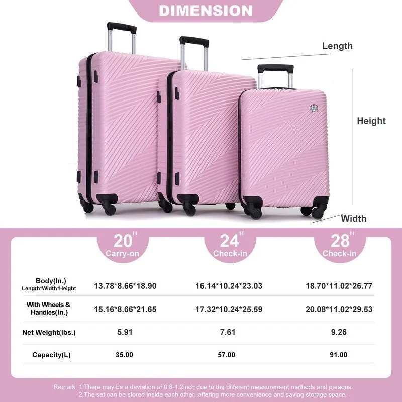 3 Piece PC ABS Suitcase Luggage Sets with Two Hooks and Spinner Wheels,Pink