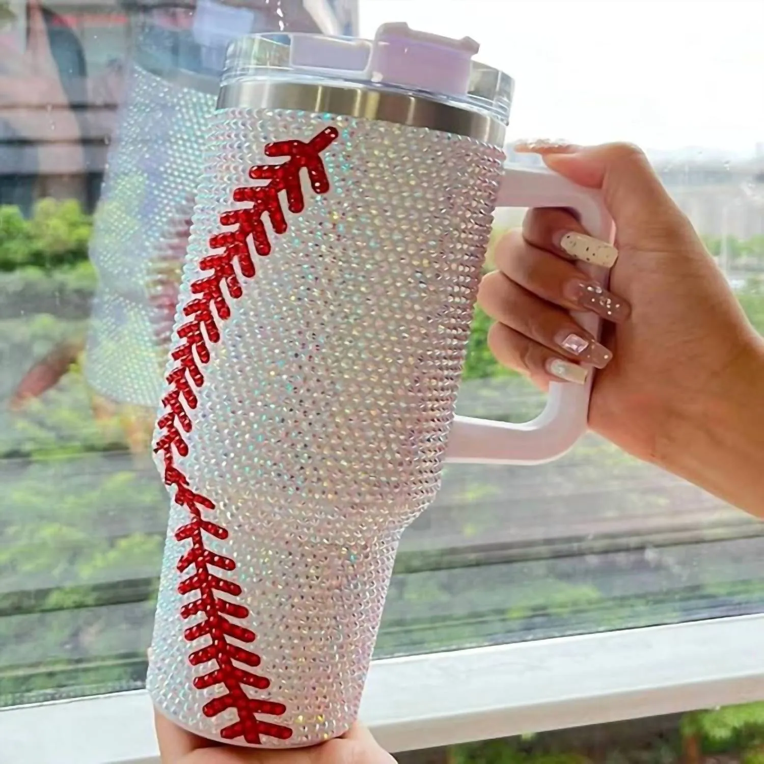 40Oz Rhinestone Baseball Tumbler With Handle & Straw In White