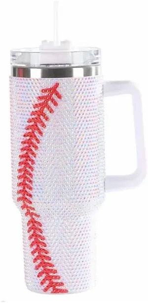40Oz Rhinestone Baseball Tumbler With Handle & Straw In White