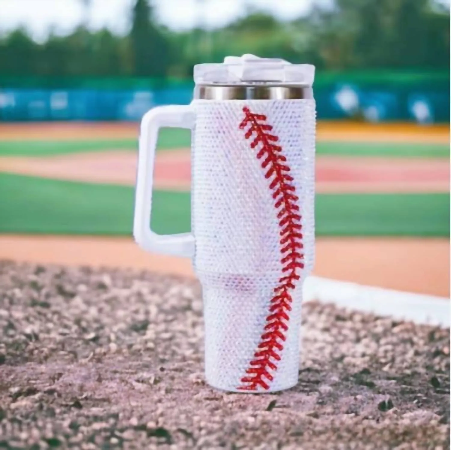 40Oz Rhinestone Baseball Tumbler With Handle & Straw In White