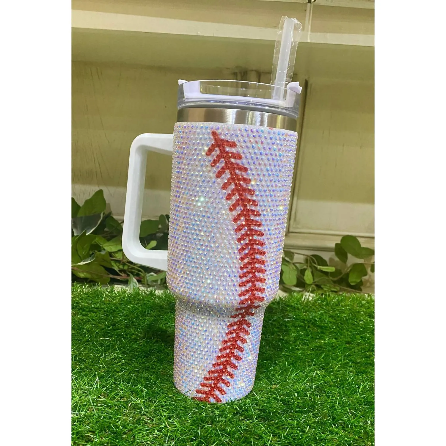40Oz Rhinestone Baseball Tumbler With Handle & Straw In White