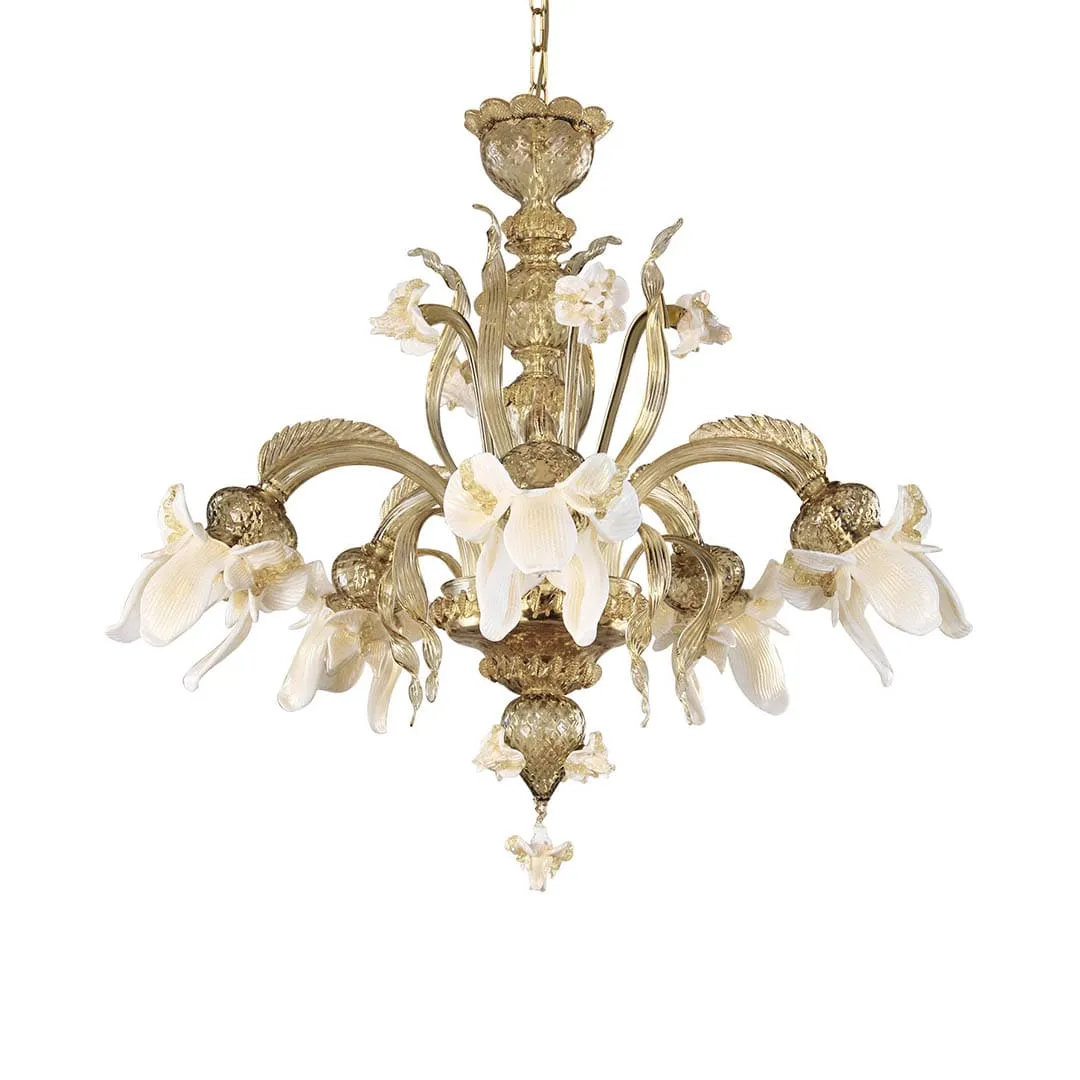 5 Lights Murano Glass Chandelier with Fume and Gold Accents