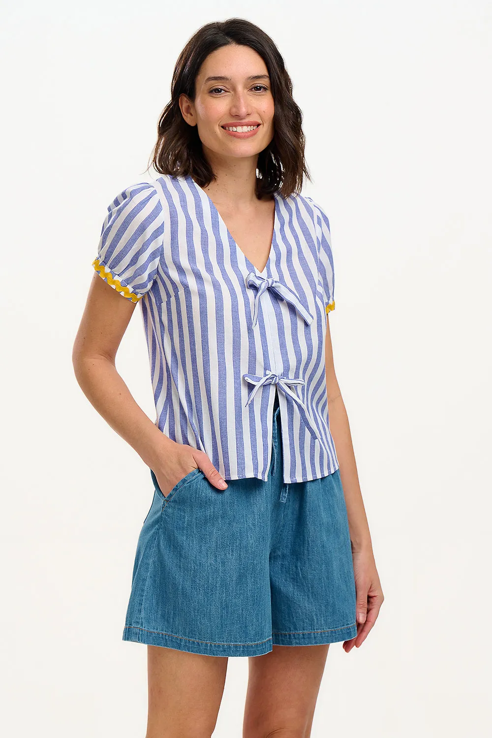 Adaline Bow Top - Off-White/Blue. Bakers Stripe