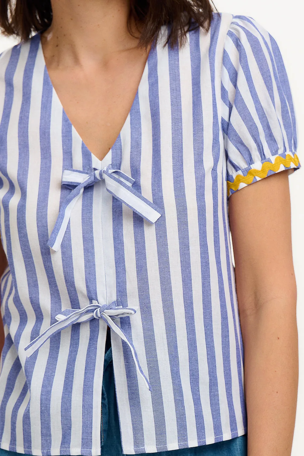 Adaline Bow Top - Off-White/Blue. Bakers Stripe