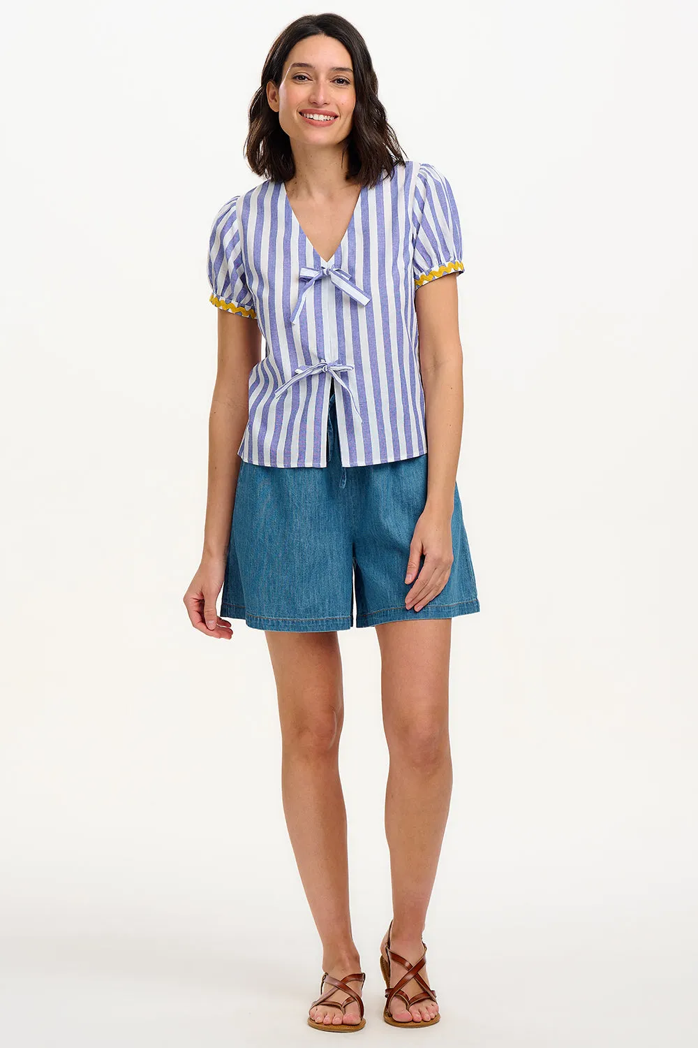 Adaline Bow Top - Off-White/Blue. Bakers Stripe