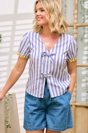 Adaline Bow Top - Off-White/Blue. Bakers Stripe