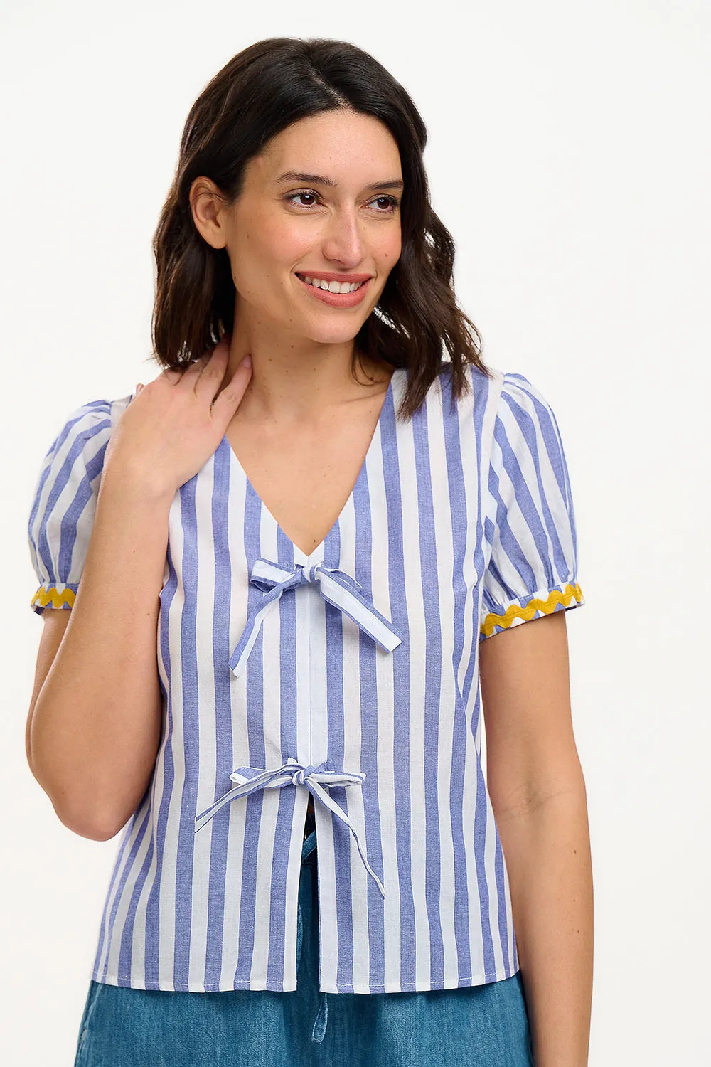 Adaline Bow Top - Off-White/Blue. Bakers Stripe