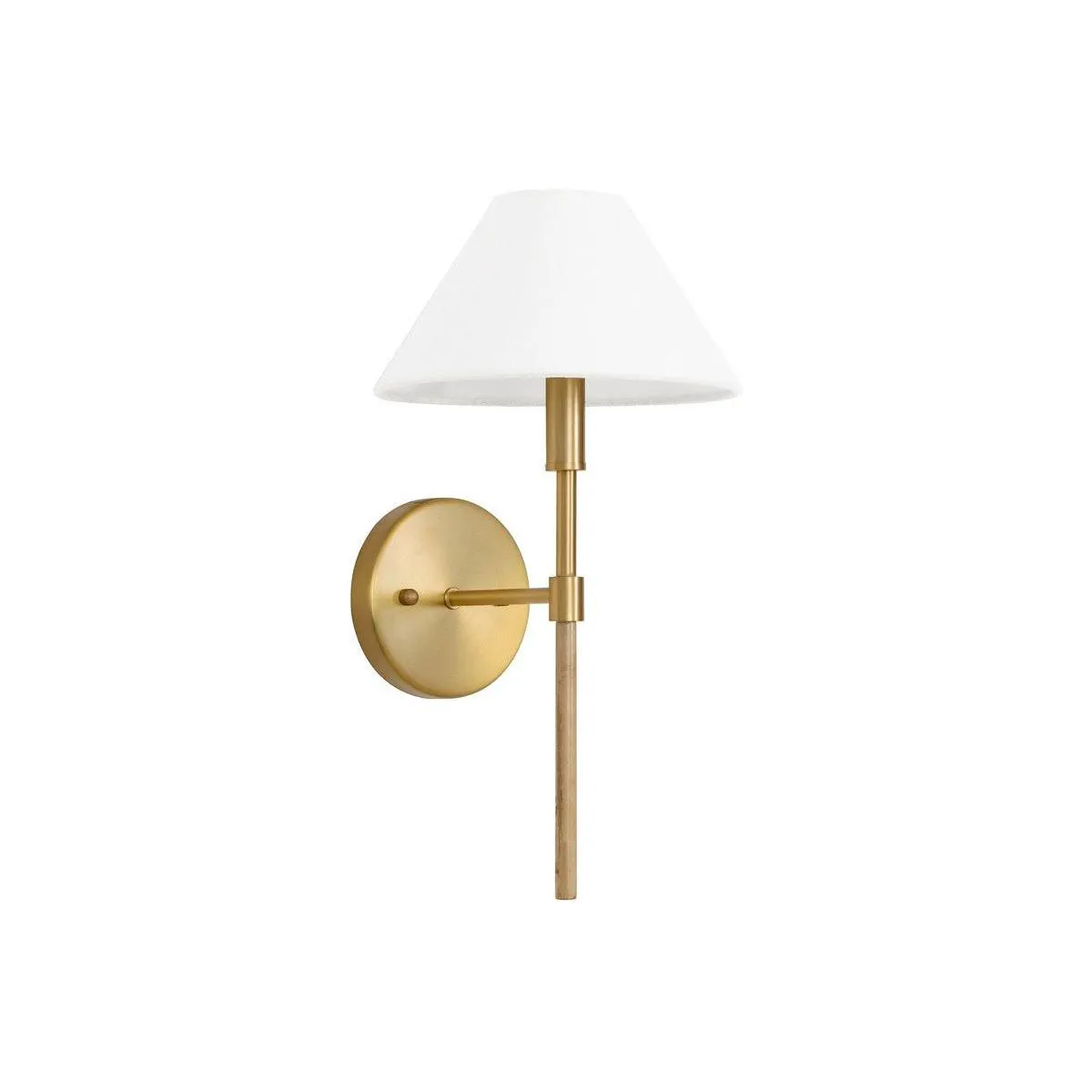 Alfie - One Light Sconce With White Linen Coolie Shade In Brushed Brass And Burl Wood