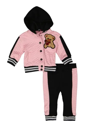 Baby Girls 12-24M Bear Chenille Patch Quilted Jacket and Joggers