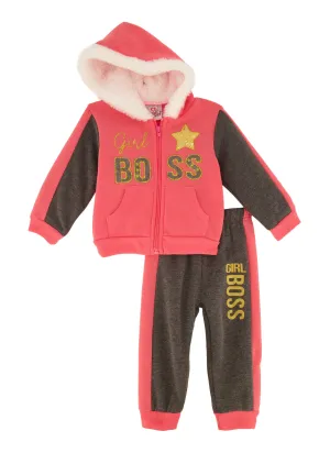 Baby Girls 12-24M Sherpa Lined Girl Boss Sequin Hoodie and Joggers