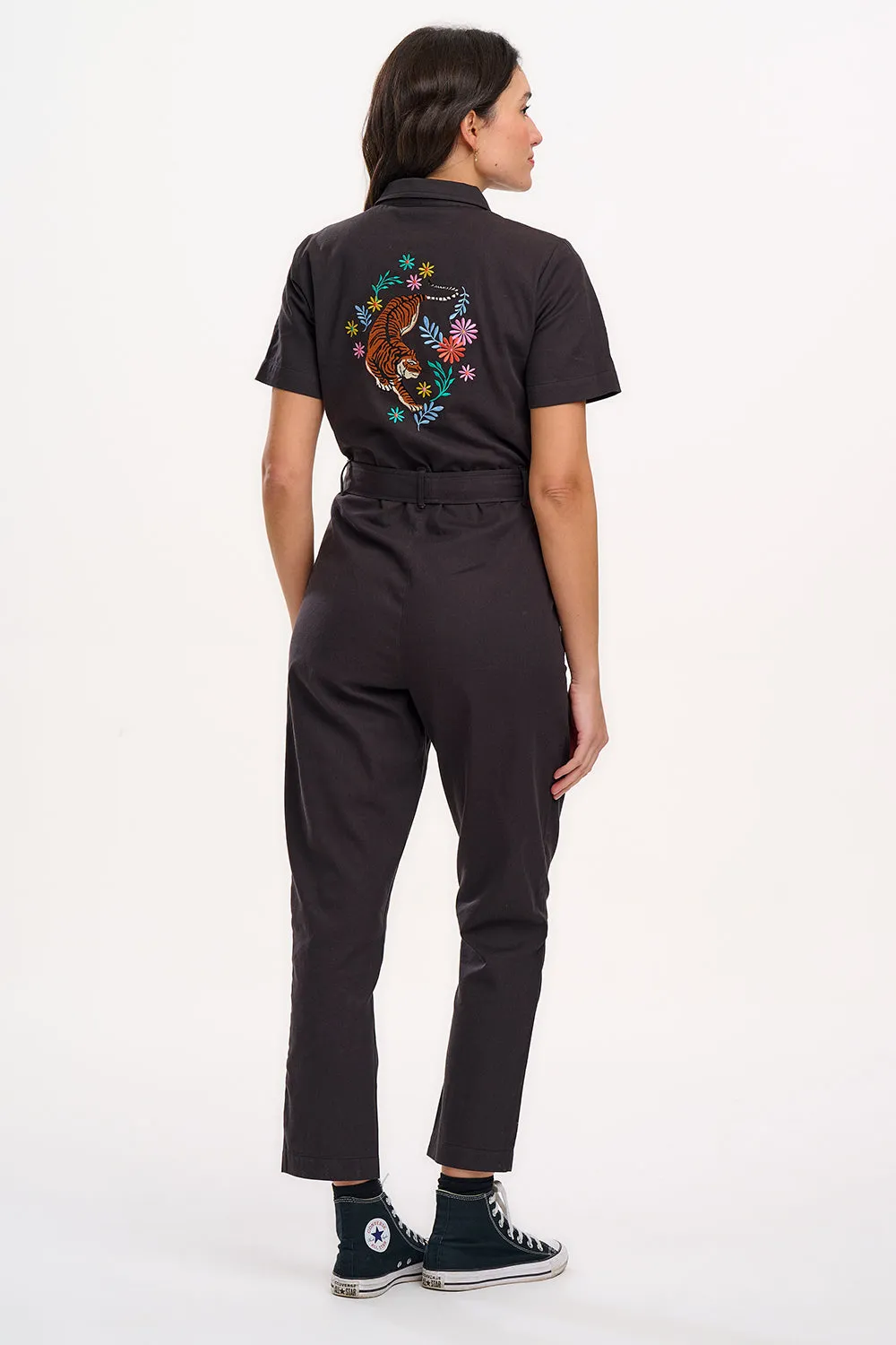 Billy Boilersuit - Black. Tiger Floral Back