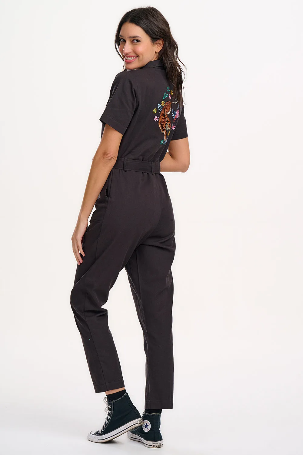 Billy Boilersuit - Black. Tiger Floral Back