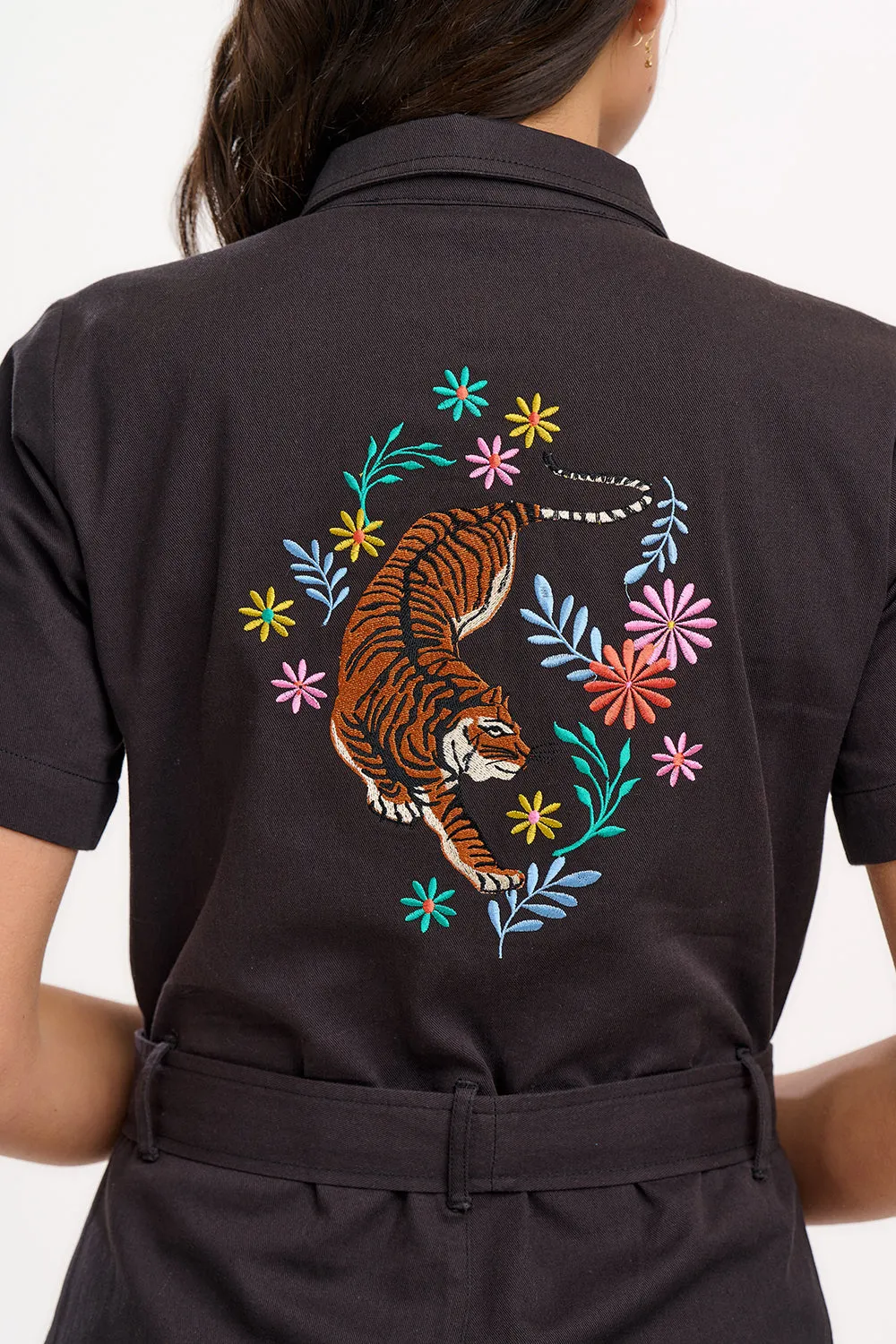 Billy Boilersuit - Black. Tiger Floral Back