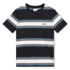 Blue Striped Logo Cotton T-Shirt