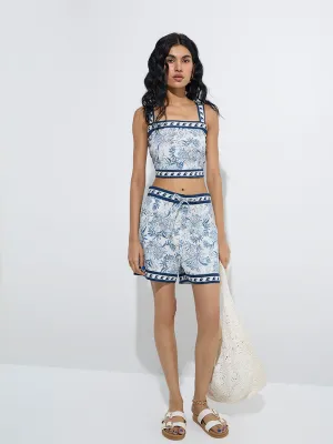 Bombay Paisley Blue Botanical Pattern Cotton-Blend Shorts
