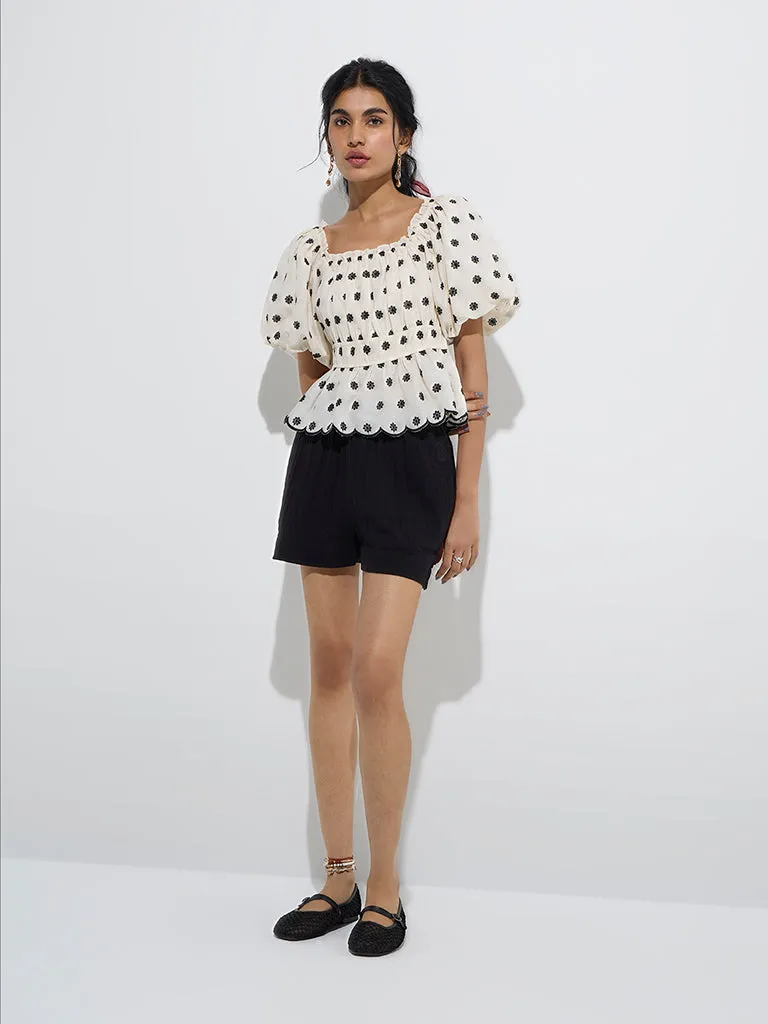 Bombay Paisley Off-White Floral Cotton Peplum Top