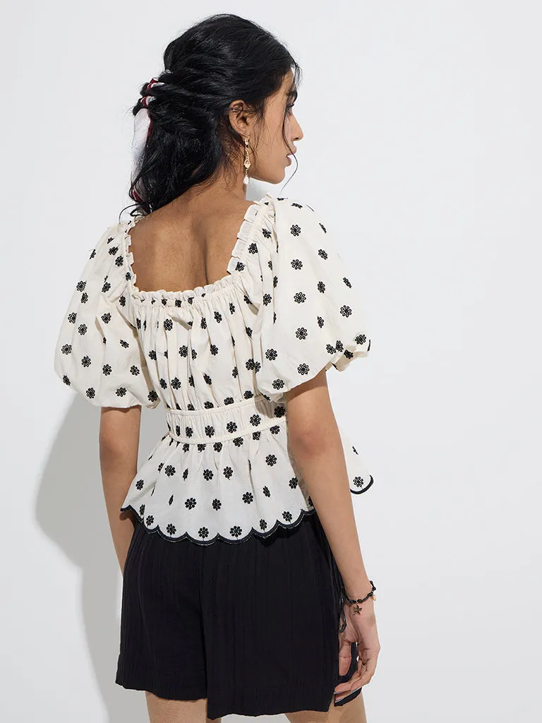 Bombay Paisley Off-White Floral Cotton Peplum Top