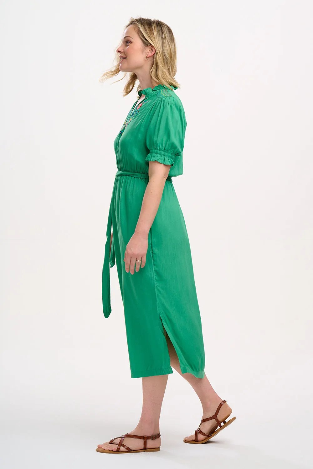 Carlota Midi Dress - Green. Folk Floral Embroidery