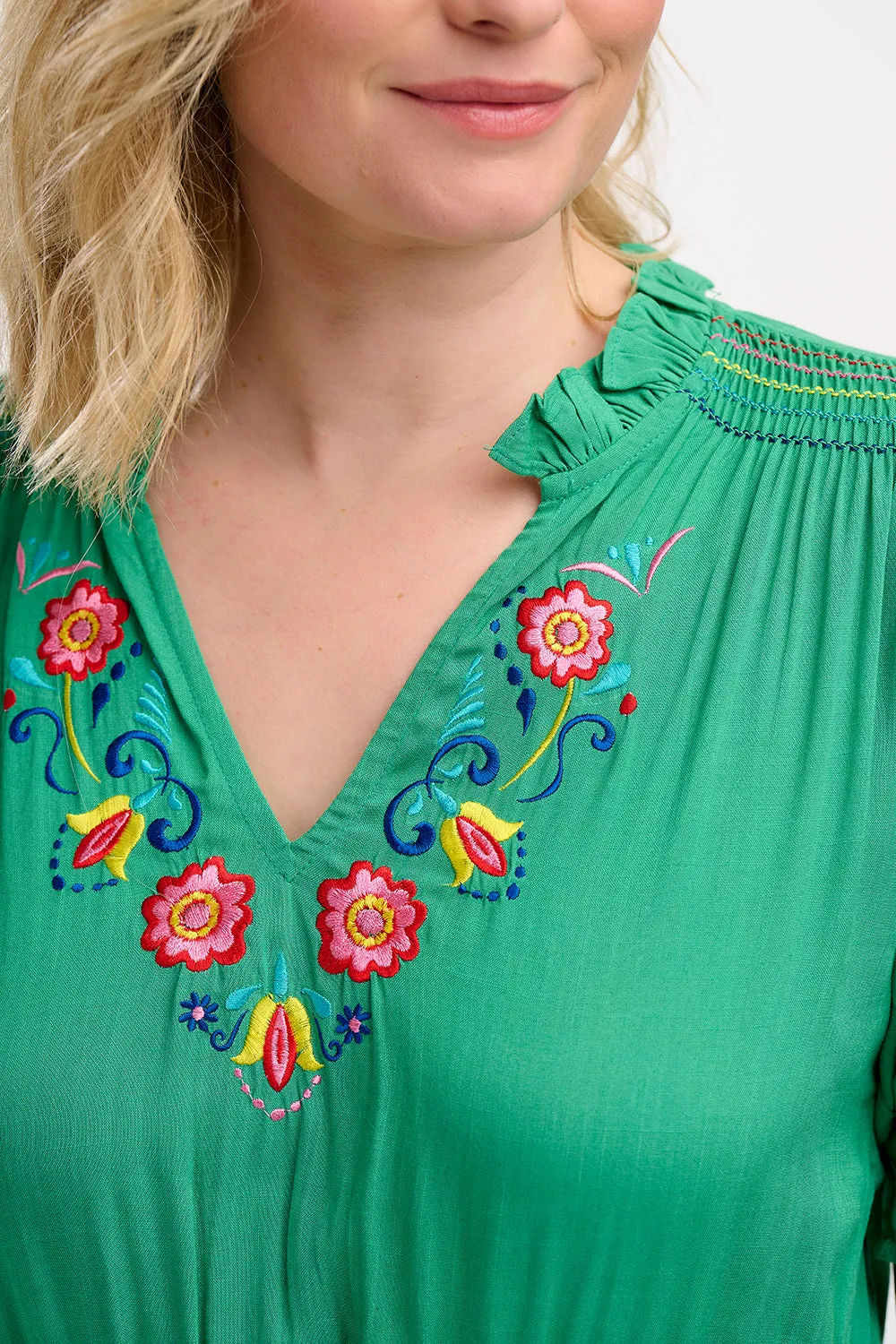 Carlota Midi Dress - Green. Folk Floral Embroidery