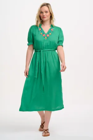 Carlota Midi Dress - Green. Folk Floral Embroidery