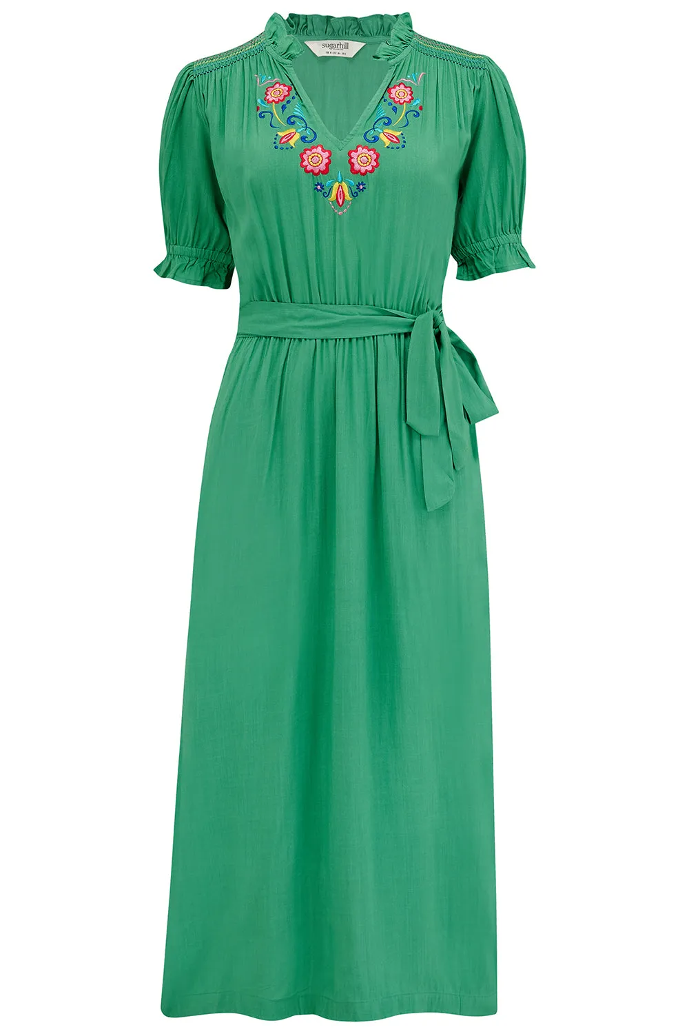 Carlota Midi Dress - Green. Folk Floral Embroidery