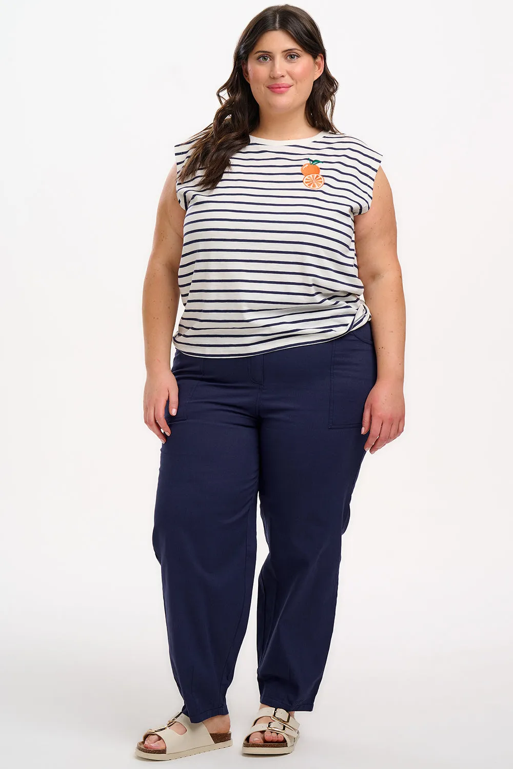 Chrissy Relaxed Tank T-Shirt - Off-White/Navy. Fruity Orange