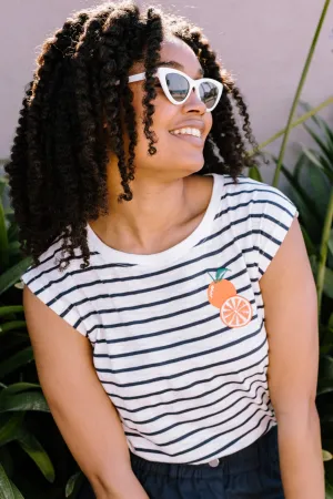 Chrissy Relaxed Tank T-Shirt - Off-White/Navy. Fruity Orange