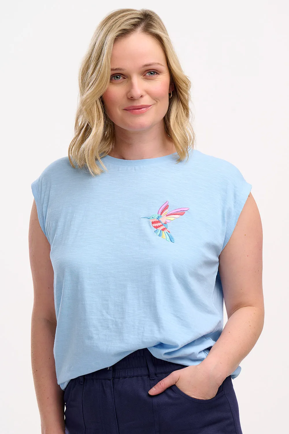 Chrissy Relaxed Tank T-Shirt - Pale Blue. Tropical Hummingbird