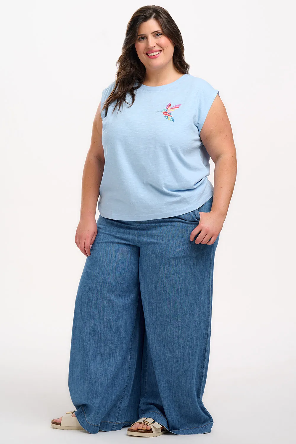 Chrissy Relaxed Tank T-Shirt - Pale Blue. Tropical Hummingbird