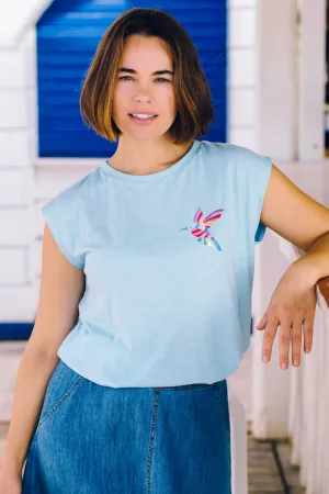 Chrissy Relaxed Tank T-Shirt - Pale Blue. Tropical Hummingbird