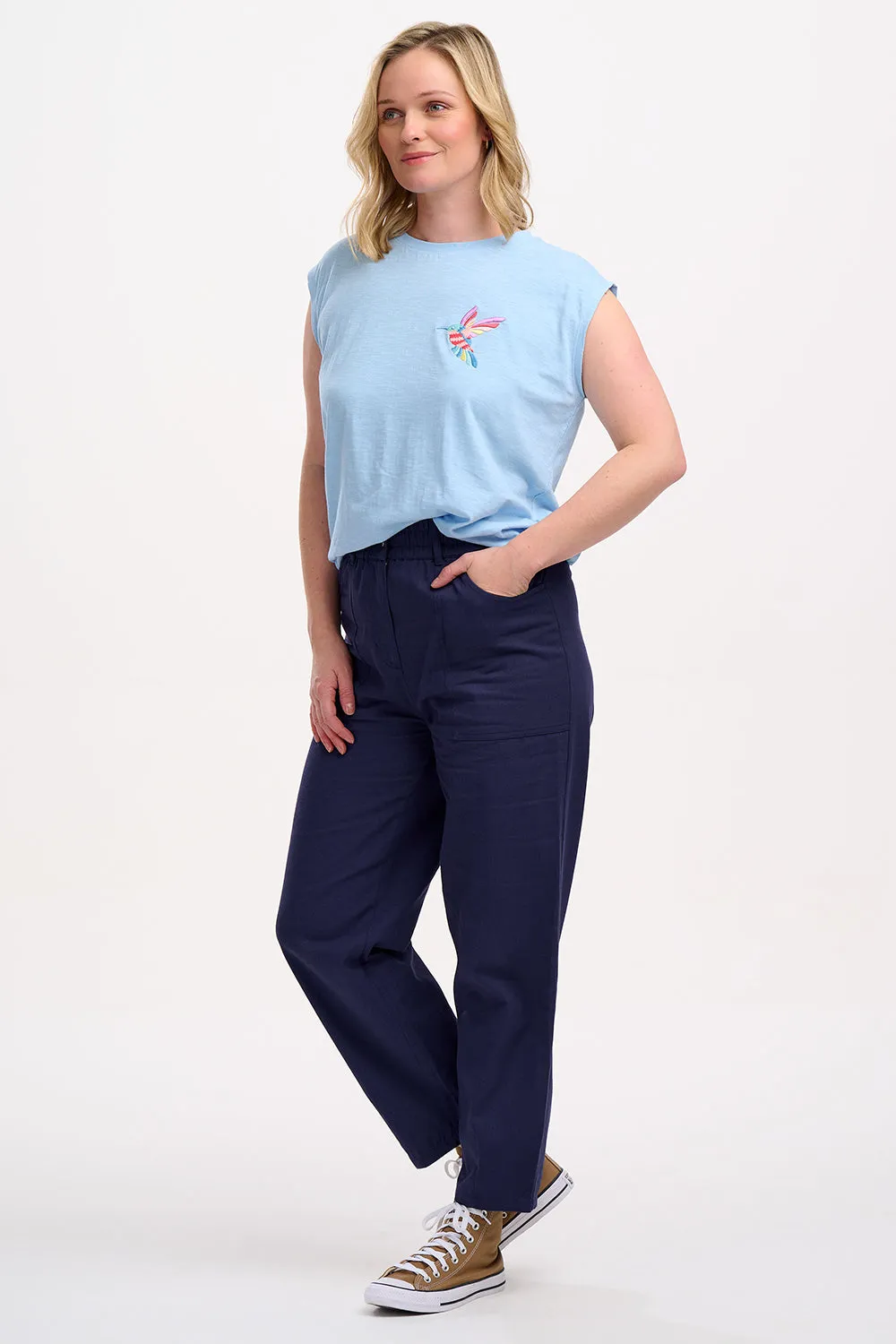Chrissy Relaxed Tank T-Shirt - Pale Blue. Tropical Hummingbird