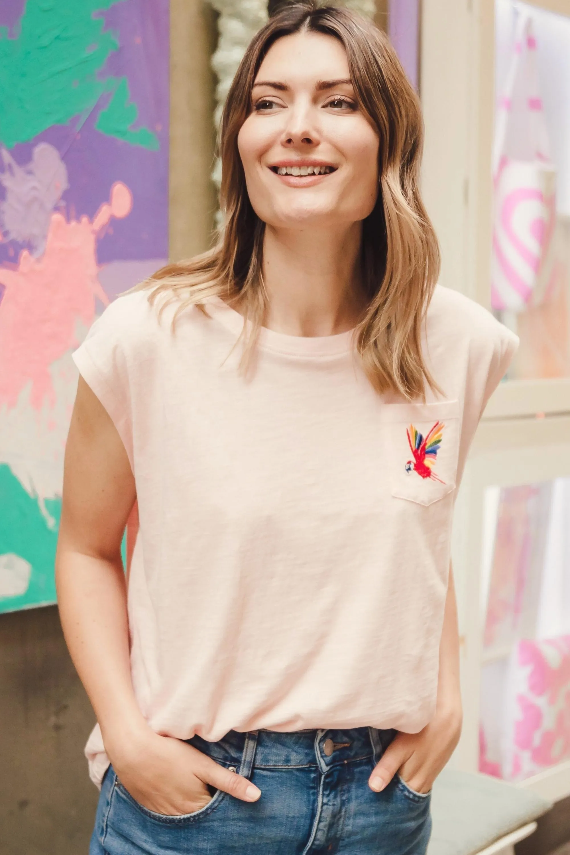 Chrissy Relaxed Tank T-shirt - Pink. Rainbow Parrot Embroidery