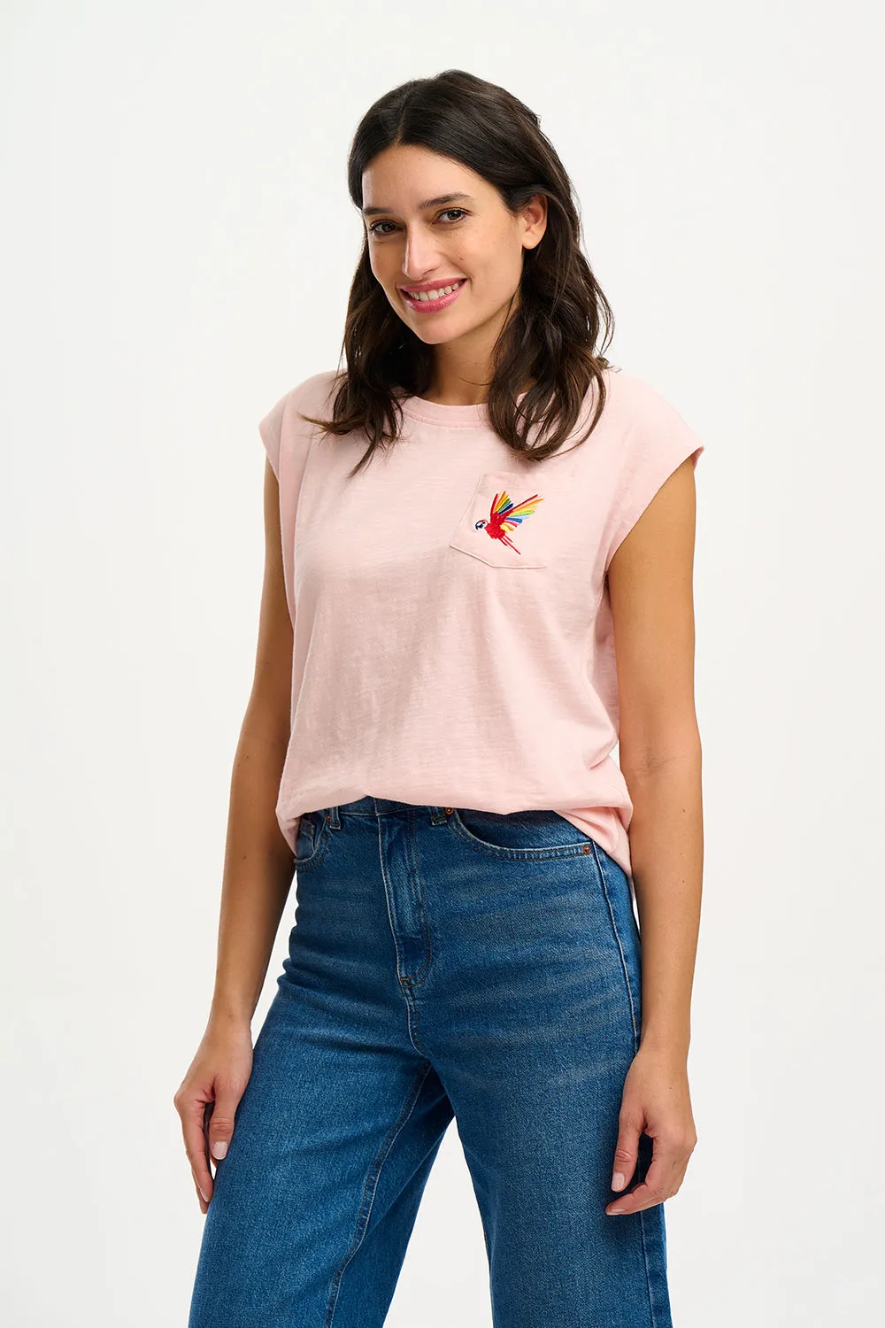 Chrissy Relaxed Tank T-shirt - Pink. Rainbow Parrot Embroidery
