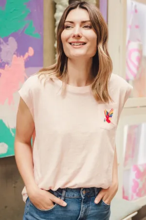 Chrissy Relaxed Tank T-shirt - Pink. Rainbow Parrot Embroidery