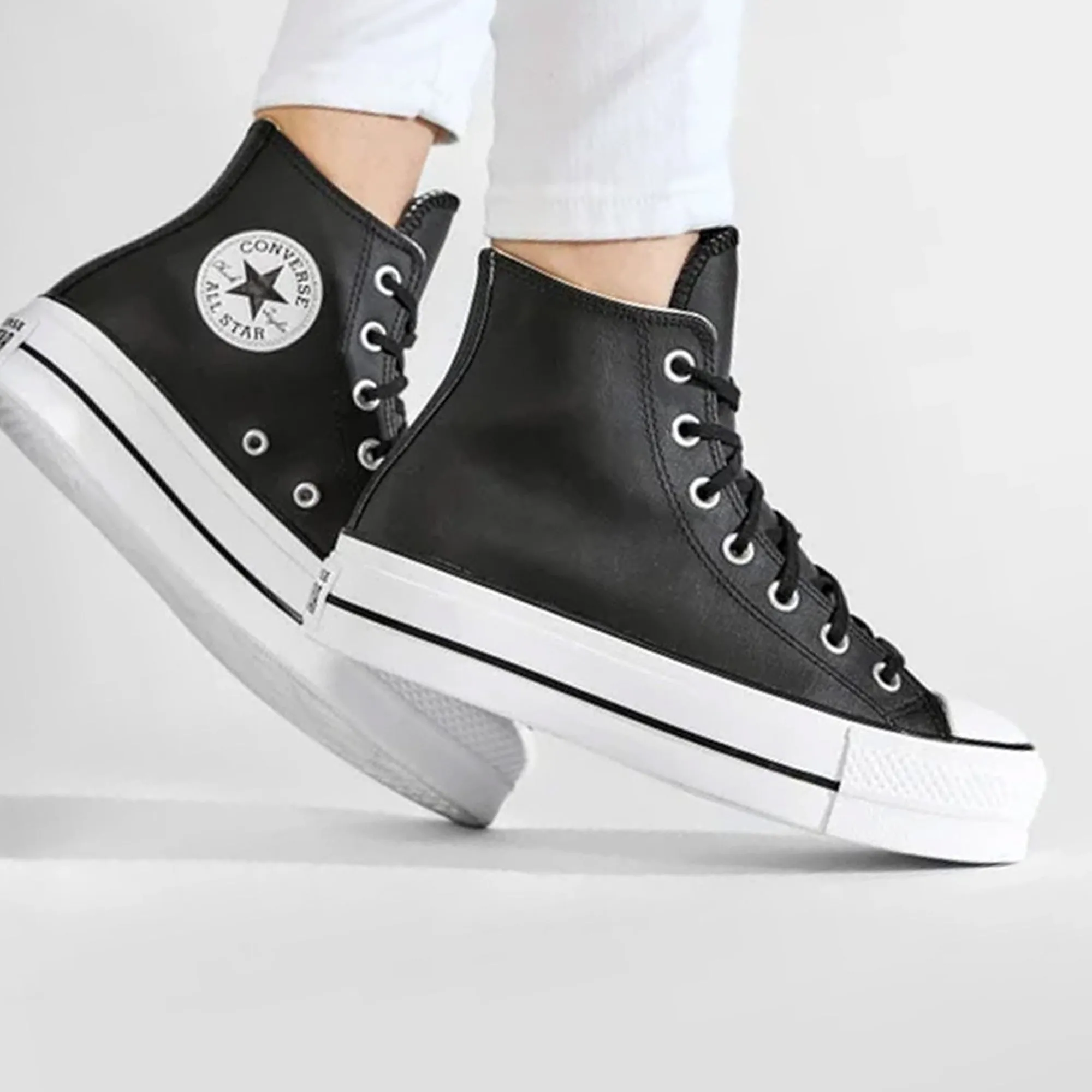 Converse | CHUCK TAYLOR ALL STAR LEATHER PLATFORM HI { BLACK/WHITE