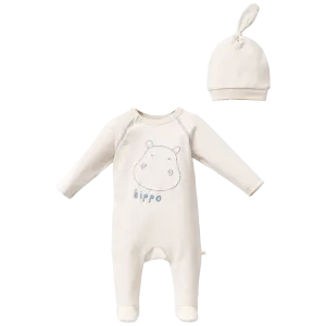 Cream Hippo Graphic Babygrow & Hat