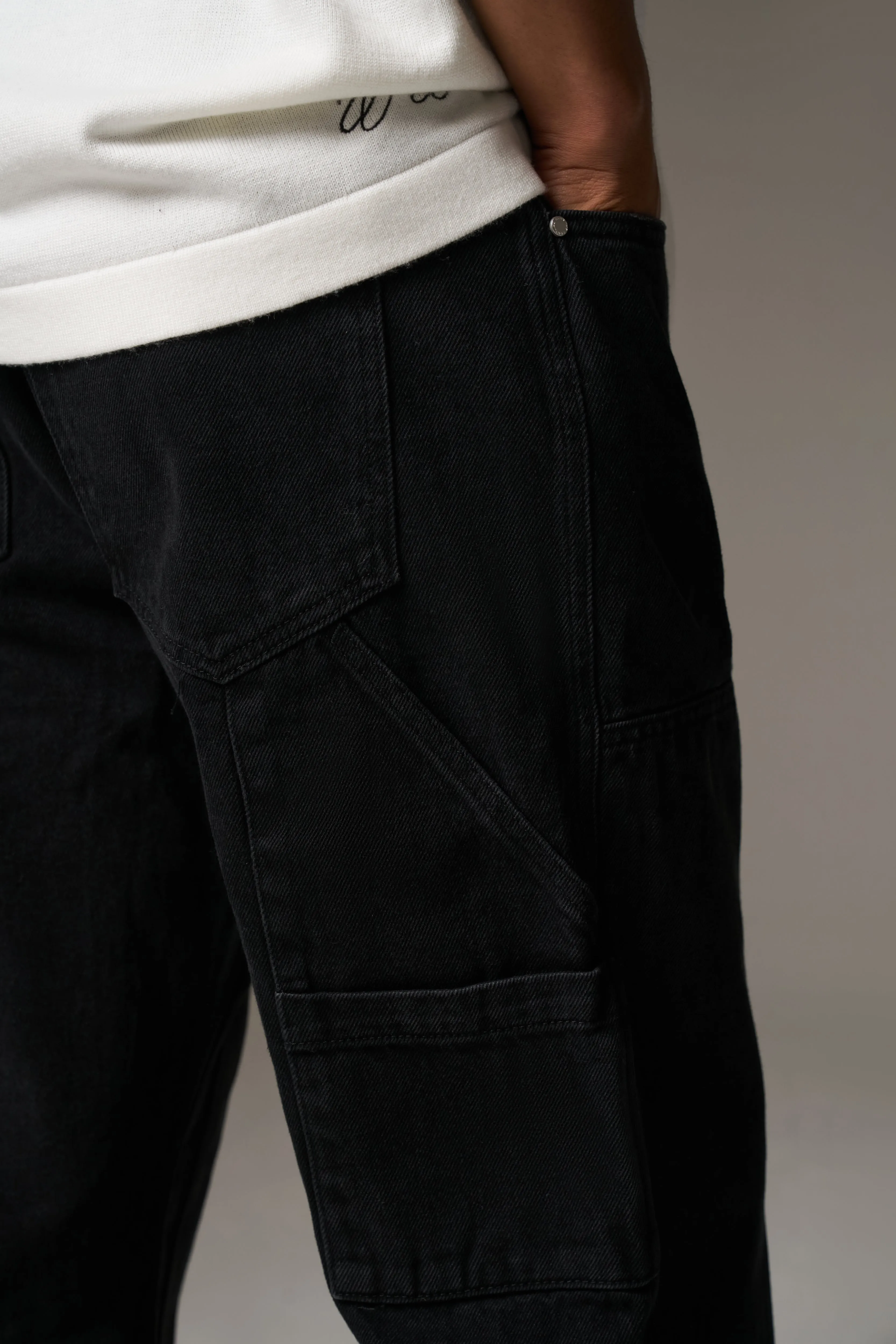 DENIM RIVET DETAIL CARPENTER JEANS - BLACK WASH