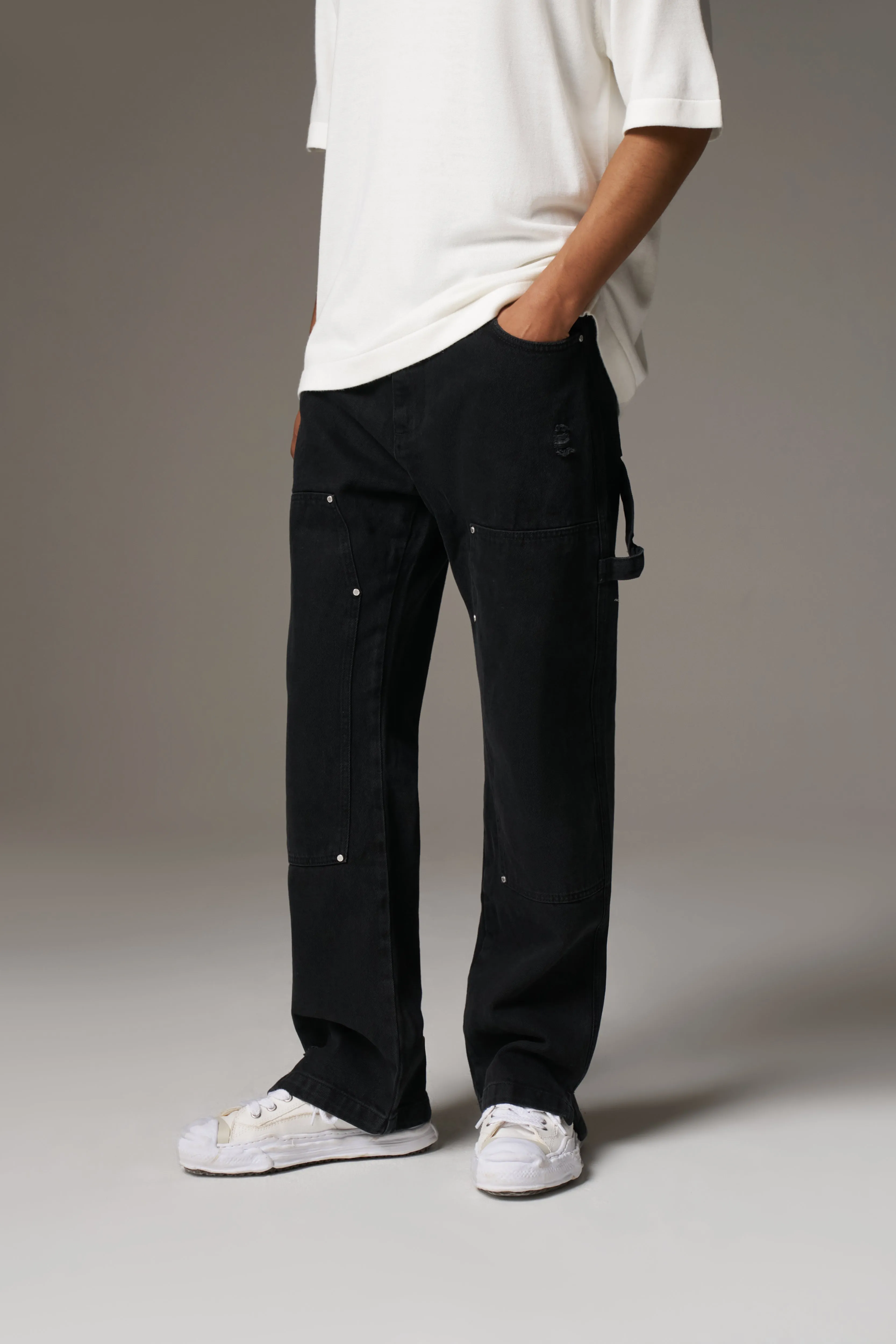 DENIM RIVET DETAIL CARPENTER JEANS - BLACK WASH
