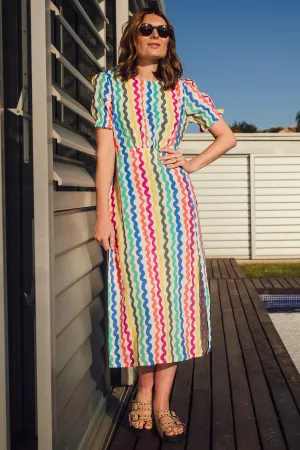 Dilly Midi Tea Dress - Multi. Squiggly Lines