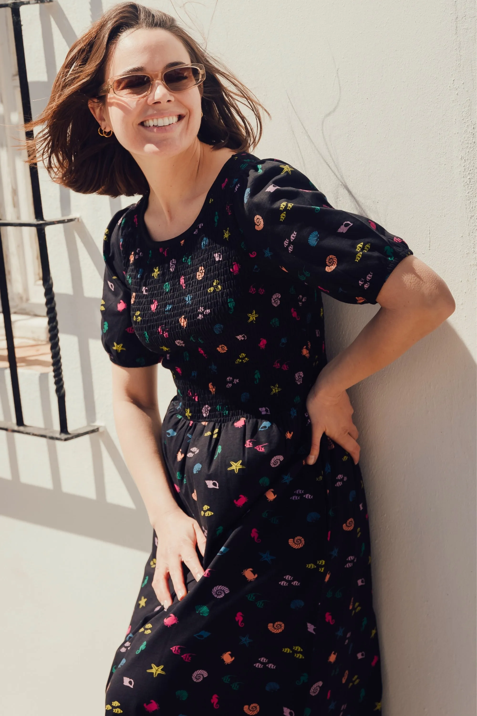 Edina Shirred Jersey Midi Dress - Black/Multi. Underwater Rainbow