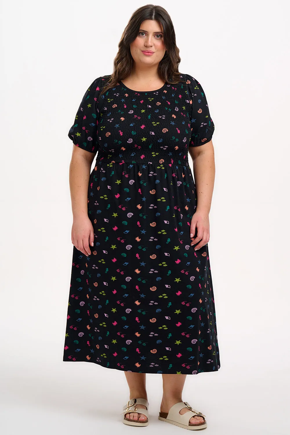 Edina Shirred Jersey Midi Dress - Black/Multi. Underwater Rainbow