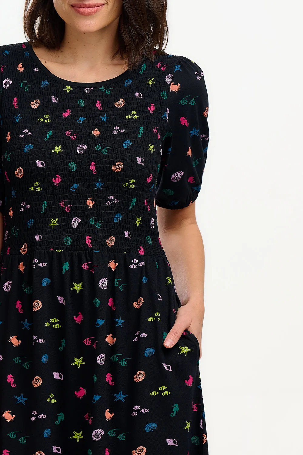Edina Shirred Jersey Midi Dress - Black/Multi. Underwater Rainbow