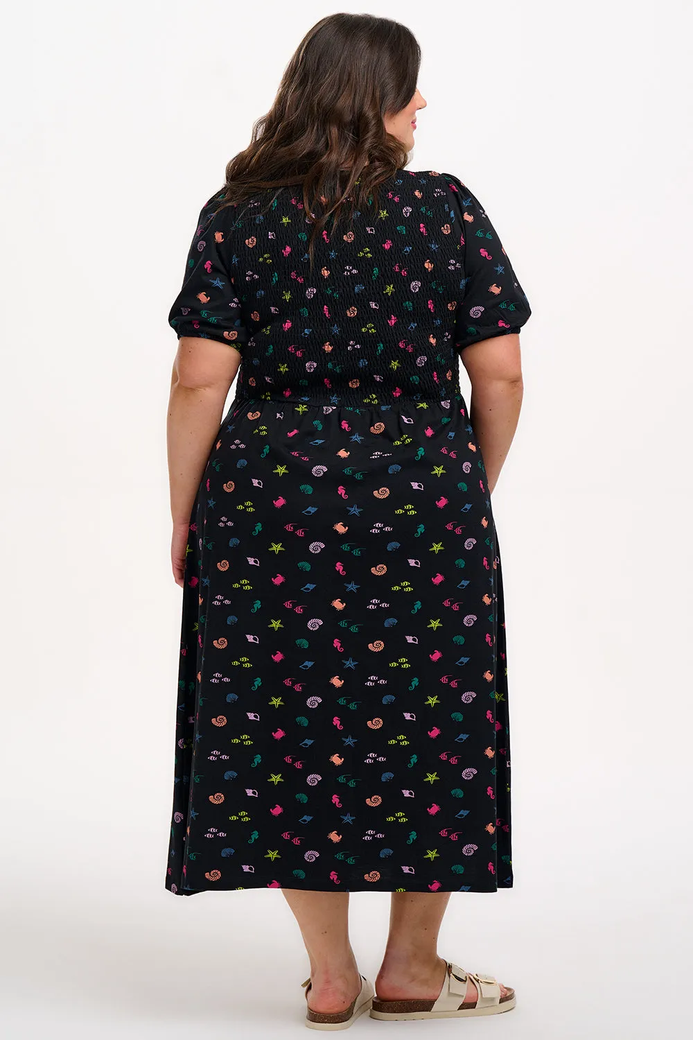 Edina Shirred Jersey Midi Dress - Black/Multi. Underwater Rainbow
