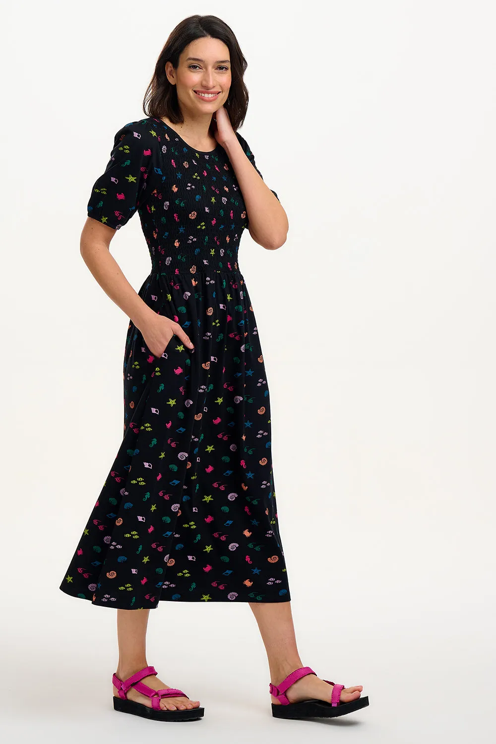 Edina Shirred Jersey Midi Dress - Black/Multi. Underwater Rainbow