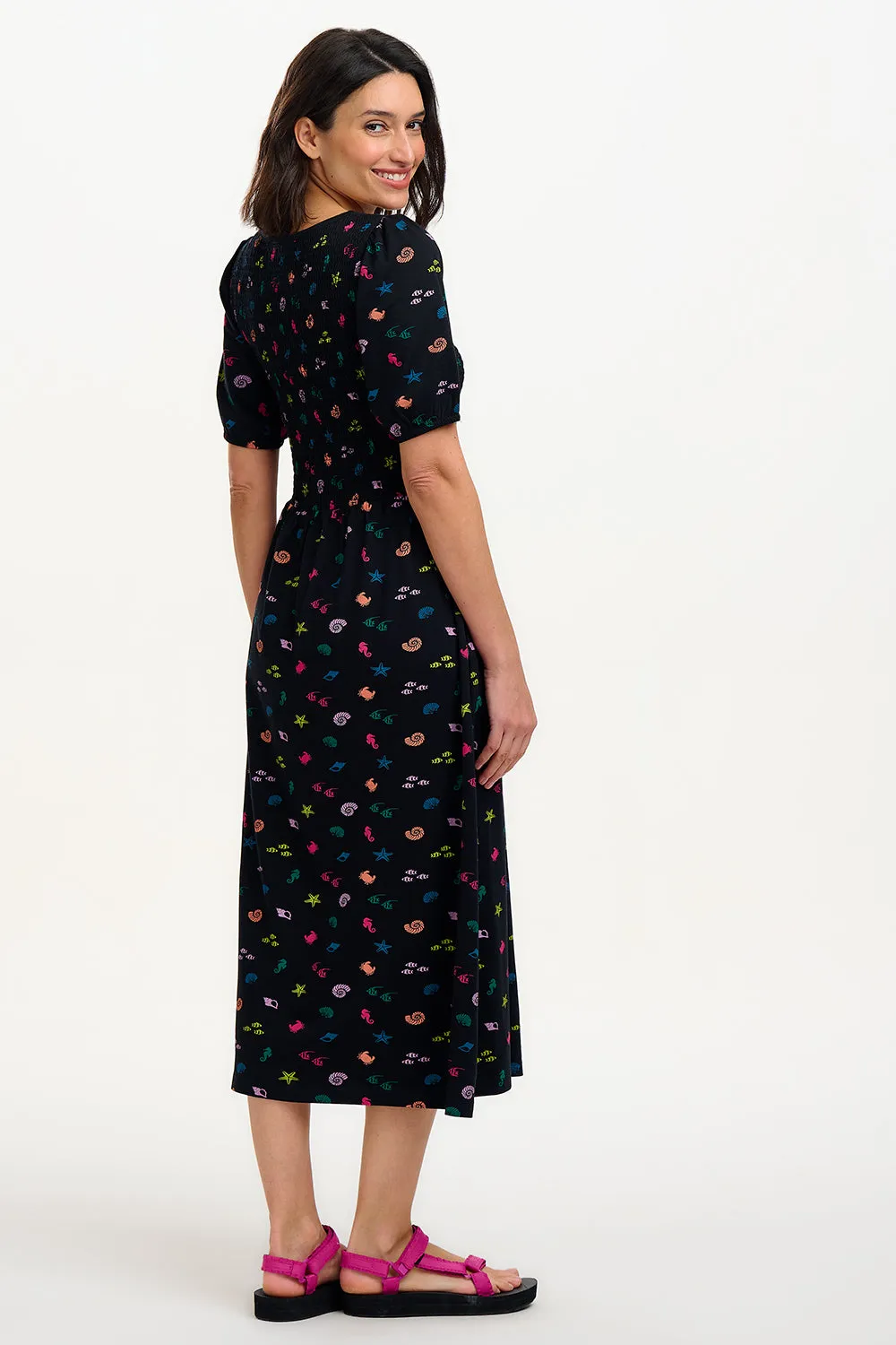 Edina Shirred Jersey Midi Dress - Black/Multi. Underwater Rainbow