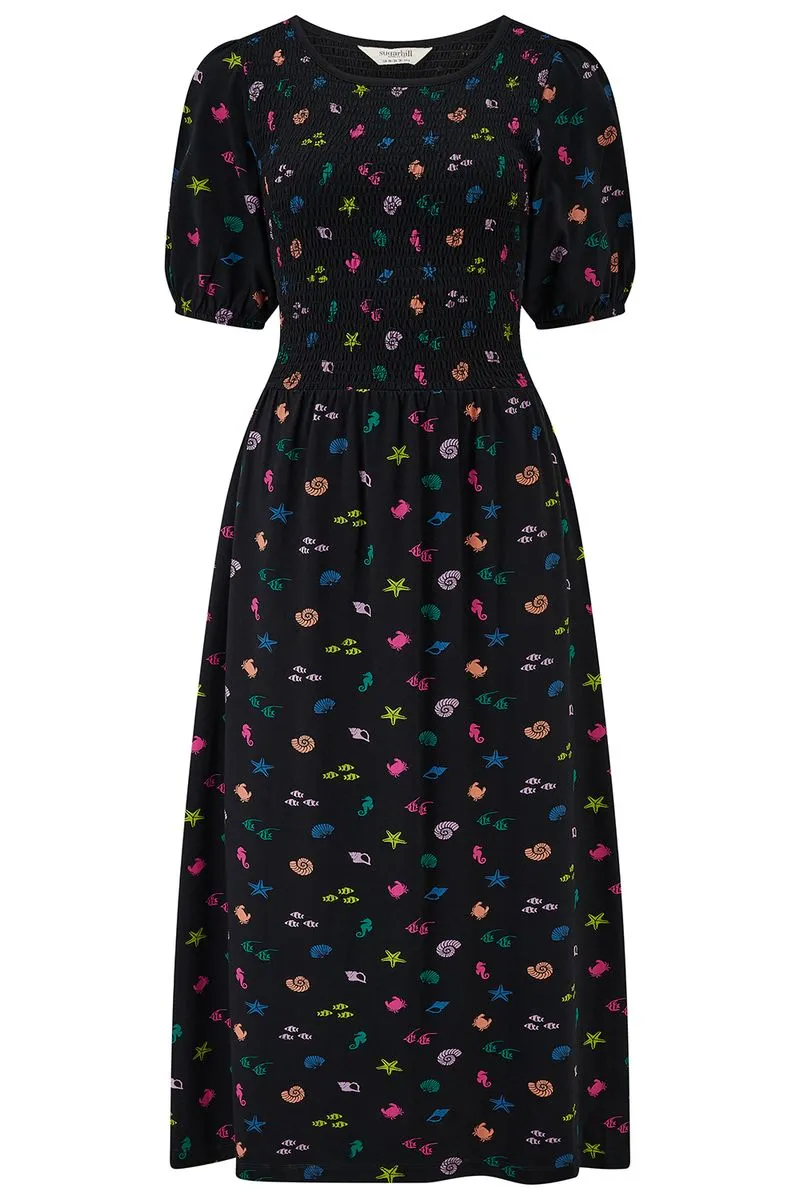 Edina Shirred Jersey Midi Dress - Black/Multi. Underwater Rainbow